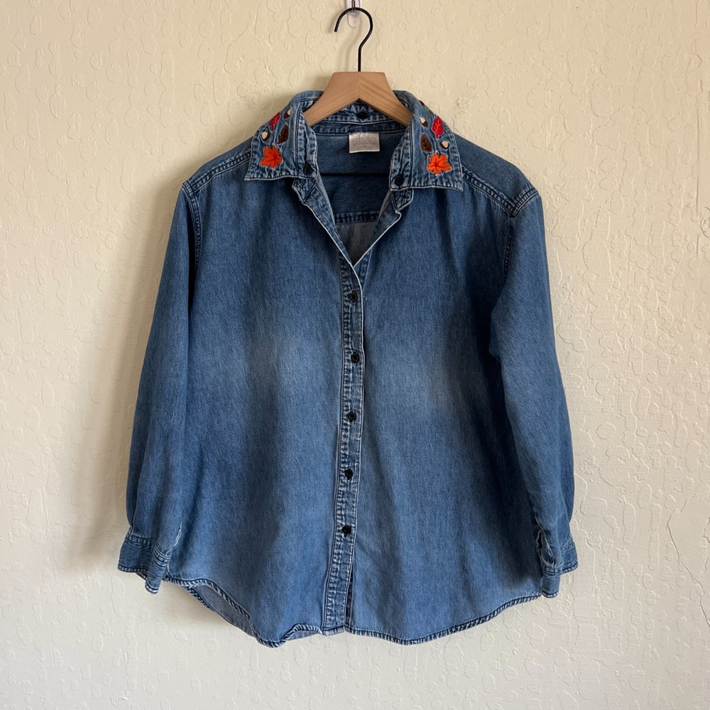 Vintage Style Studio Chambray Denim Removable Fall Embroidered Collar Shirt 1X
